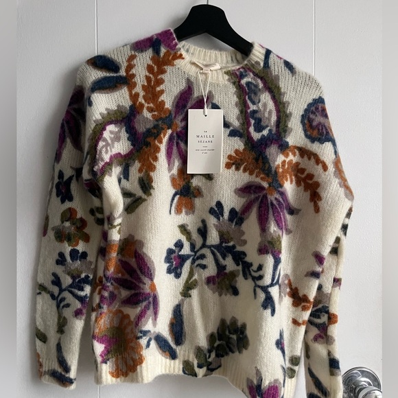 SEZANE NWTEcru Cream Purple Blue Green Floral Mohair Wool Sweater Seliane Jumper - Picture 8 of 10